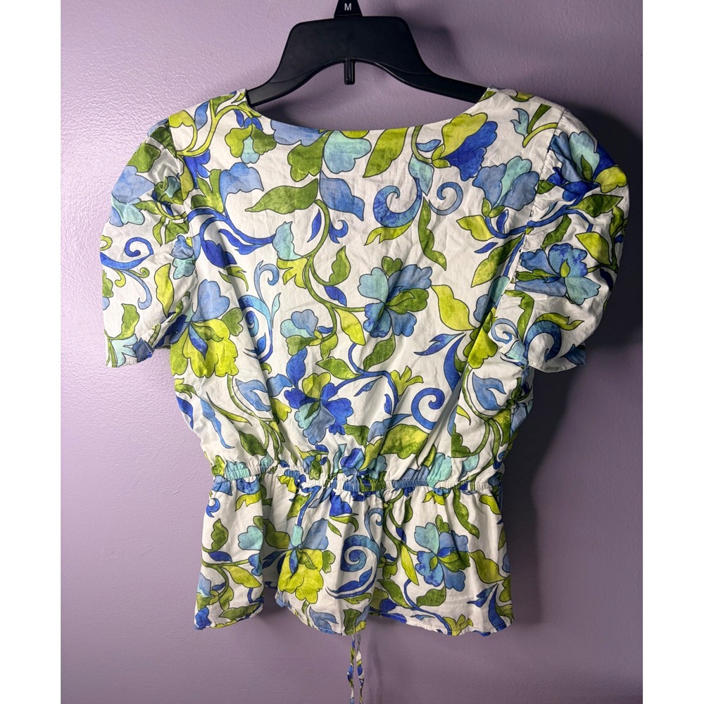 1.STATE Womens Floral‎ Puff Sleeve Peplum Blouse Blue Green Cotton V-Neck Size M - Picture 5 of 7